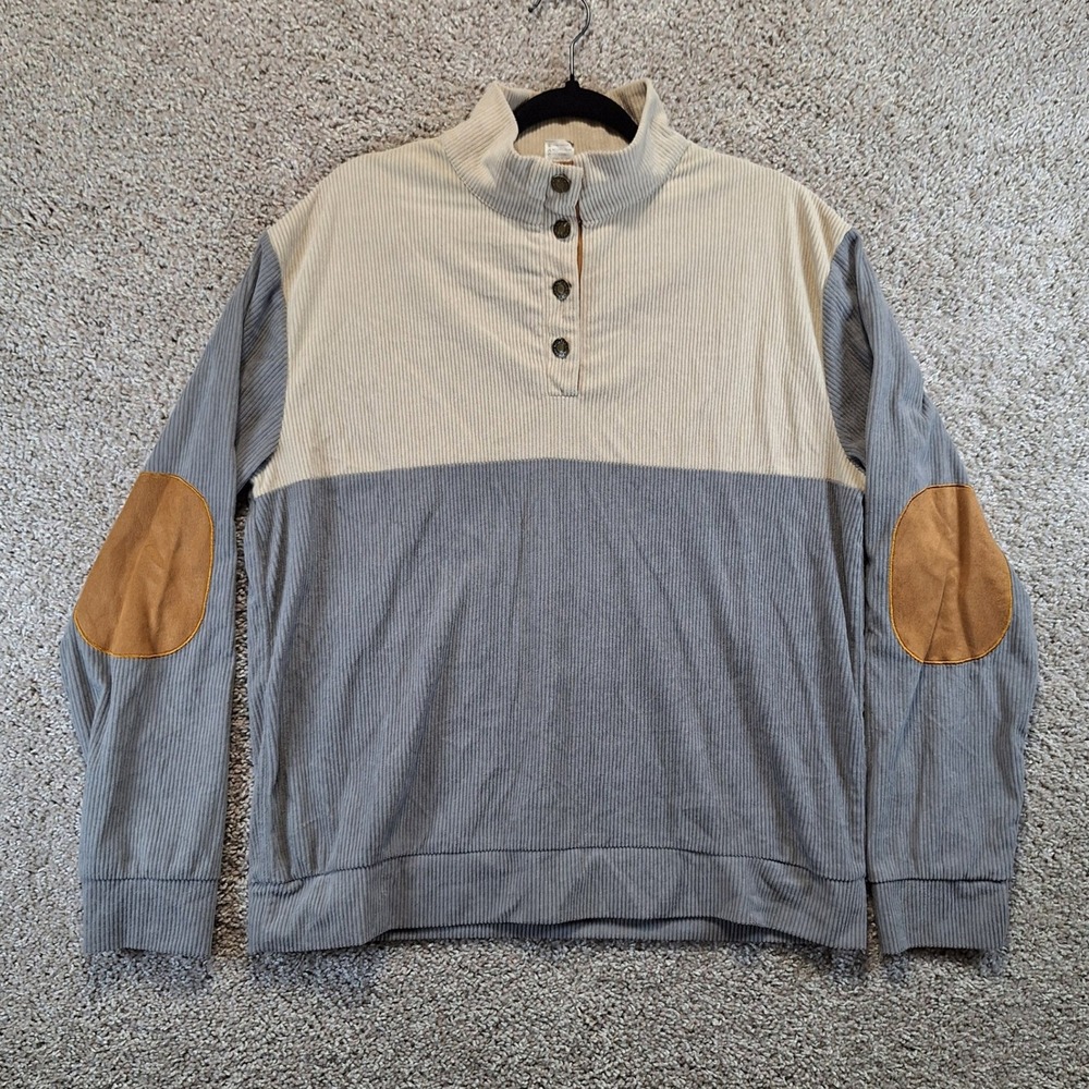 Unbranded Pullover Mens M Multicolor Colorblock Corduroy Elbow Patch Henley‎ Top
